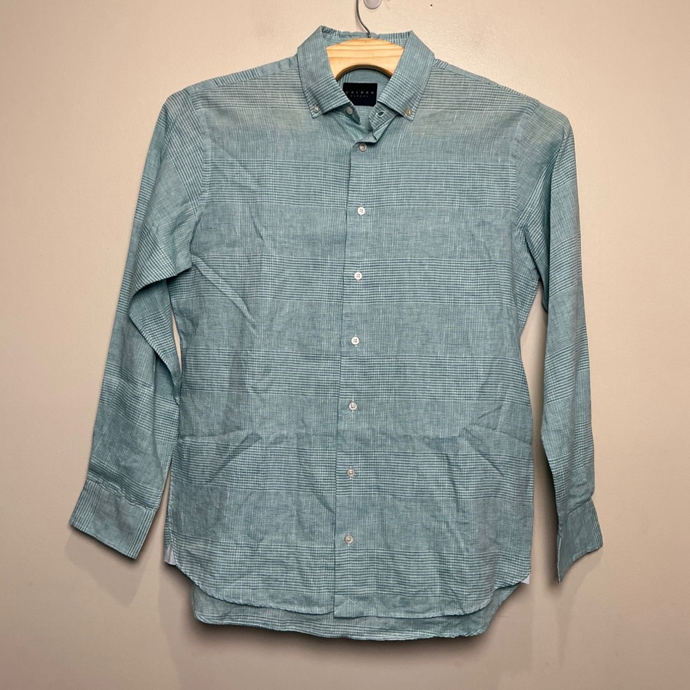 Calder Carmel Men's 100% Linen Button Down Shirt XL Blue Striped Long Sleeve